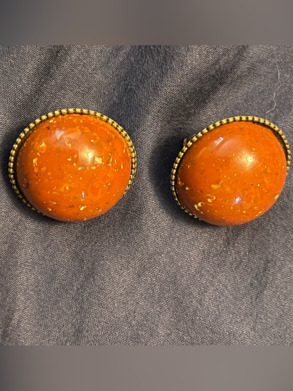 Vintage Round Dome Orange Clip-On Earrings in Brass Toned Setting